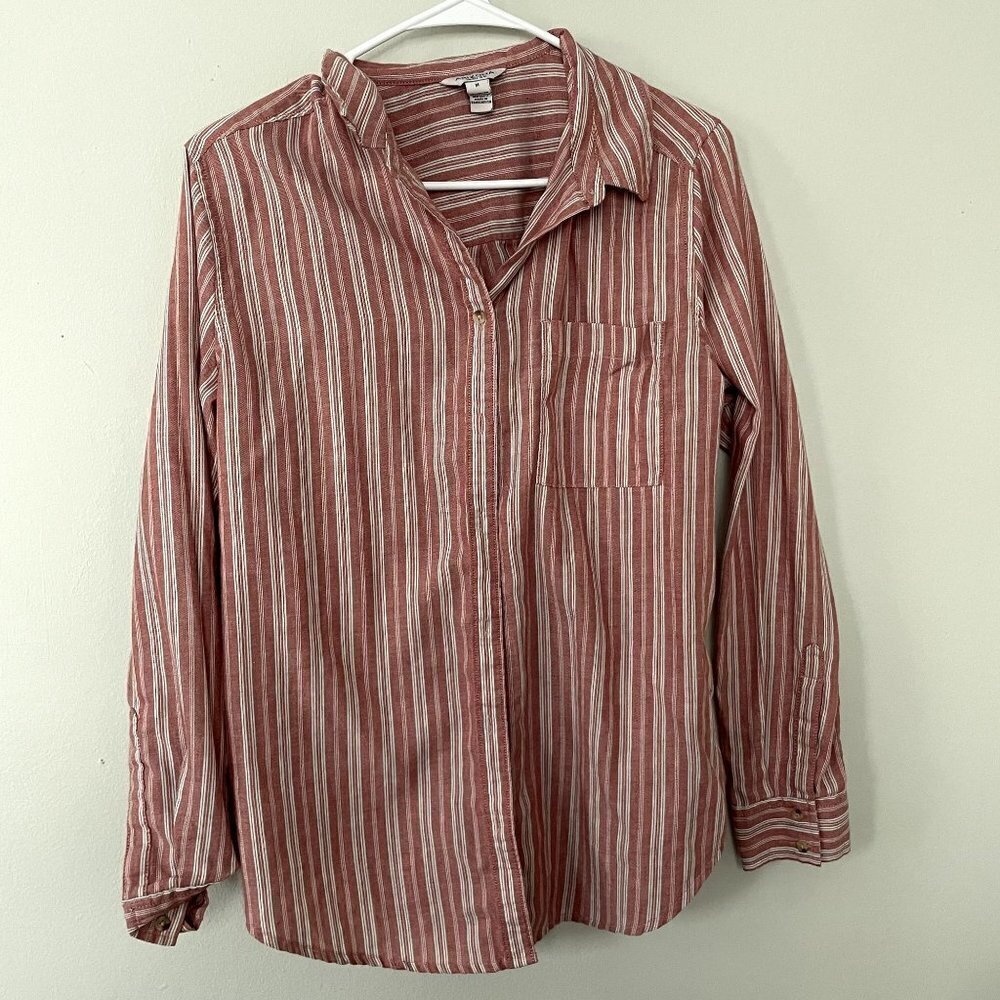 Arizona Jean Co. pink white striped button down shirt collared business casual